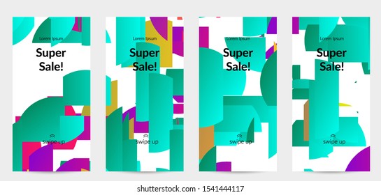 Abstract stories templates with bright colored random stripes. Dynamic modern design with scattered gradient geometric shapes. Simple colorful futuristic elements. Sport music social media layout.