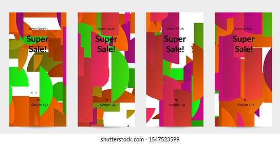 Abstract stories templates with bright colored random stripes. Dynamic modern design with scattered gradient geometric shapes. Simple colorful futuristic elements. Sport music social media layout.