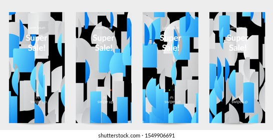 Abstract stories templates with bright colored random stripes. Dynamic modern design with scattered gradient geometric shapes. Simple colorful futuristic elements. Sport music social media layout.