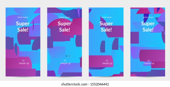 Abstract stories templates with bright colored random stripes. Dynamic modern design with scattered gradient geometric shapes. Simple colorful futuristic elements. Sport music social media layout.