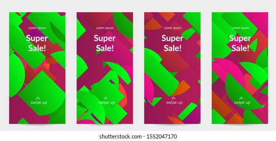Abstract stories templates with bright colored random stripes. Dynamic modern design with scattered gradient geometric shapes. Simple colorful futuristic elements. Sport music social media layout.