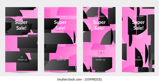 Abstract stories templates with bright colored random stripes. Dynamic modern design with scattered gradient geometric shapes. Simple colorful futuristic elements. Sport music social media layout.