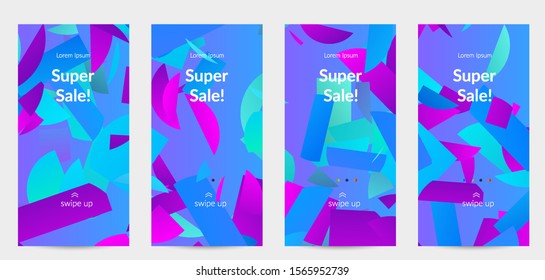 Abstract stories templates with bright colored random stripes. Dynamic modern design with scattered gradient geometric shapes. Simple colorful futuristic elements. Sport music social media layout.