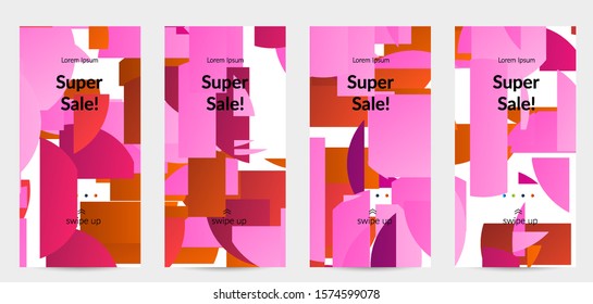 Abstract stories templates with bright colored random stripes. Dynamic modern design with scattered gradient geometric shapes. Simple colorful futuristic elements. Sport music social media layout.