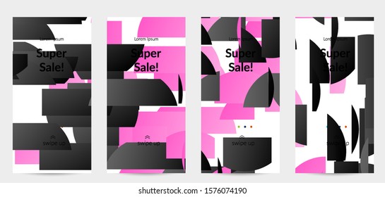 Abstract stories templates with bright colored random stripes. Dynamic modern design with scattered gradient geometric shapes. Simple colorful futuristic elements. Sport music social media layout.