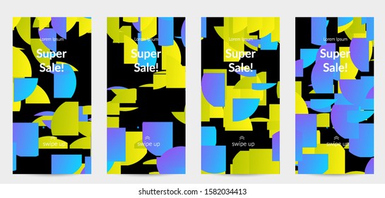 Abstract stories templates with bright colored random stripes. Dynamic modern design with scattered gradient geometric shapes. Simple colorful futuristic elements. Sport music social media layout.