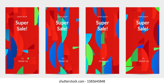 Abstract stories templates with bright colored random stripes. Dynamic modern design with scattered gradient geometric shapes. Simple colorful futuristic elements. Sport music social media layout.
