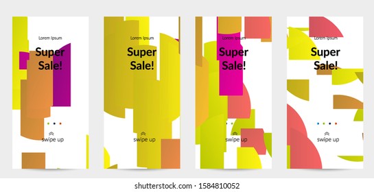 Abstract stories templates with bright colored random stripes. Dynamic modern design with scattered gradient geometric shapes. Simple colorful futuristic elements. Sport music social media layout.
