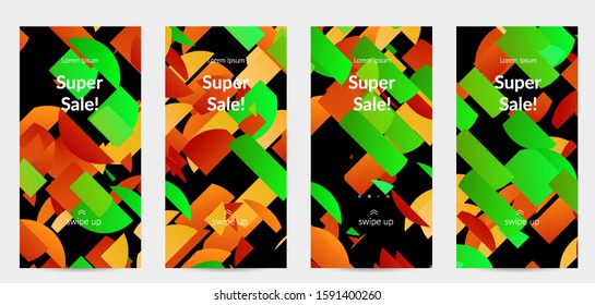 Abstract stories templates with bright colored random stripes. Dynamic modern design with scattered gradient geometric shapes. Simple colorful futuristic elements. Sport music social media layout.