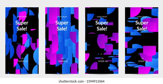 Abstract stories templates with bright colored random stripes. Dynamic modern design with scattered gradient geometric shapes. Simple colorful futuristic elements. Sport music social media layout.