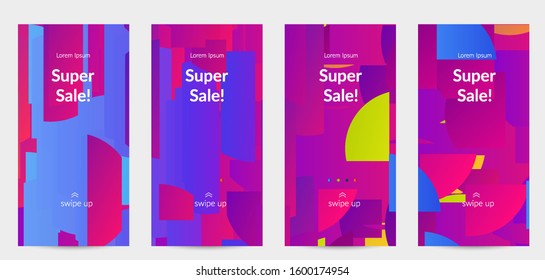 Abstract stories templates with bright colored random stripes. Dynamic modern design with scattered gradient geometric shapes. Simple colorful futuristic elements. Sport music social media layout.