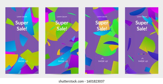 Abstract stories templates with bright colored random stripes. Dynamic modern design with scattered gradient geometric shapes. Simple colorful futuristic elements. Sport music social media layout.