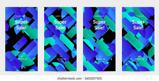 Abstract stories templates with bright colored random stripes. Dynamic modern design with scattered gradient geometric shapes. Simple colorful futuristic elements. Sport music social media layout.