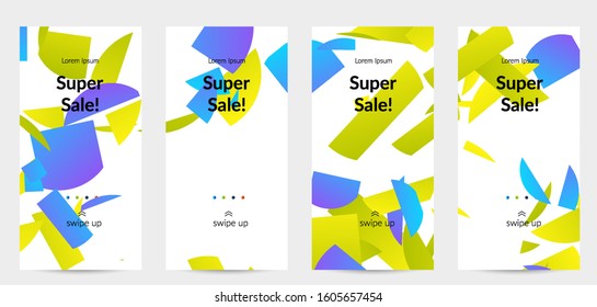 Abstract stories templates with bright colored random stripes. Dynamic modern design with scattered gradient geometric shapes. Simple colorful futuristic elements. Sport music social media layout.