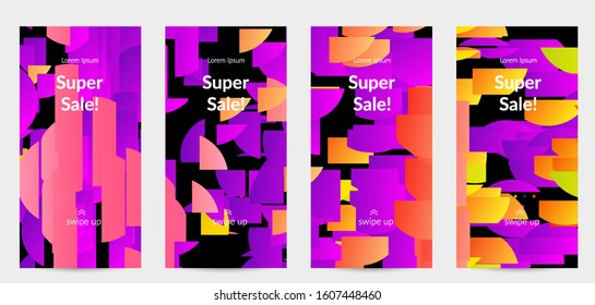 Abstract stories templates with bright colored random stripes. Dynamic modern design with scattered gradient geometric shapes. Simple colorful futuristic elements. Sport music social media layout.