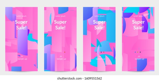 Abstract stories templates with bright colored random stripes. Dynamic modern design with scattered gradient geometric shapes. Simple colorful futuristic elements. Sport music social media layout.