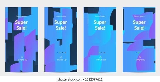 Abstract stories templates with bright colored random stripes. Dynamic modern design with scattered gradient geometric shapes. Simple colorful futuristic elements. Sport music social media layout.