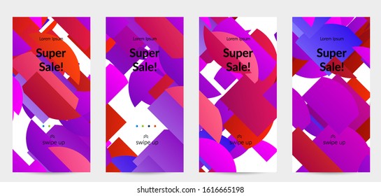 Abstract stories templates with bright colored random stripes. Dynamic modern design with scattered gradient geometric shapes. Simple colorful futuristic elements. Sport music social media layout.