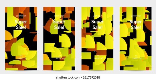 Abstract stories templates with bright colored random stripes. Dynamic modern design with scattered gradient geometric shapes. Simple colorful futuristic elements. Sport music social media layout.