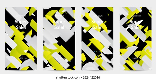Abstract stories templates with bright colored random stripes. Dynamic modern design with scattered gradient geometric shapes. Simple colorful futuristic elements. Sport music social media layout.