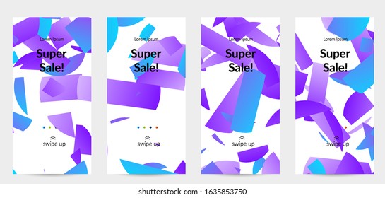 Abstract stories templates with bright colored random stripes. Dynamic modern design with scattered gradient geometric shapes. Simple colorful futuristic elements. Sport music social media layout.
