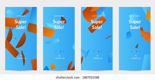 Abstract stories templates with bright colored random stripes. Dynamic modern design with scattered gradient geometric shapes. Simple colorful futuristic elements. Sport music social media layout.