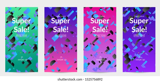 Abstract stories templates with small bright paper pieces on gradient background. Dynamic modern design with glitch gradient lines. Simple colorful futuristic elements.