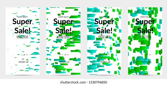 Abstract stories templates with small bright paper pieces on white background. Dynamic modern design with glitch gradient lines. Simple colorful futuristic elements.