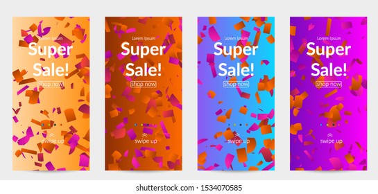 Abstract stories templates with small bright paper pieces on gradient background. Dynamic modern design with glitch gradient lines. Simple colorful futuristic elements.