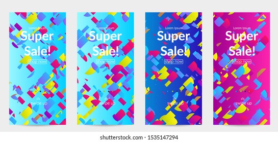 Abstract stories templates with small bright paper pieces on gradient background. Dynamic modern design with glitch gradient lines. Simple colorful futuristic elements.