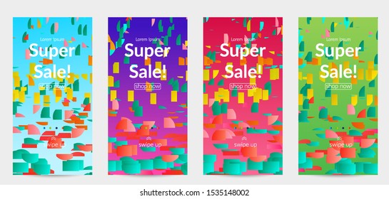 Abstract stories templates with small bright paper pieces on gradient background. Dynamic modern design with glitch gradient lines. Simple colorful futuristic elements.