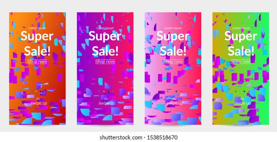 Abstract stories templates with small bright paper pieces on gradient background. Dynamic modern design with glitch gradient lines. Simple colorful futuristic elements.