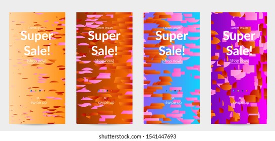 Abstract stories templates with small bright paper pieces on gradient background. Dynamic modern design with glitch gradient lines. Simple colorful futuristic elements.