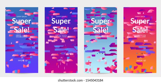 Abstract stories templates with small bright paper pieces on gradient background. Dynamic modern design with glitch gradient lines. Simple colorful futuristic elements.