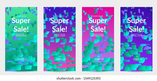 Abstract stories templates with small bright paper pieces on gradient background. Dynamic modern design with glitch gradient lines. Simple colorful futuristic elements.