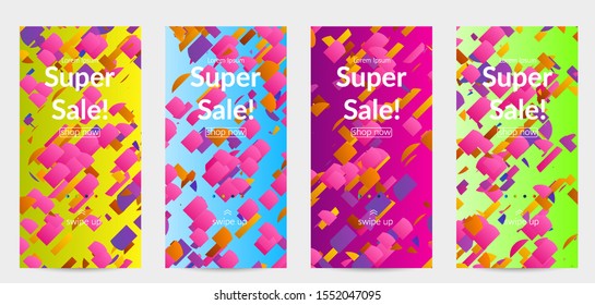 Abstract stories templates with small bright paper pieces on gradient background. Dynamic modern design with glitch gradient lines. Simple colorful futuristic elements.