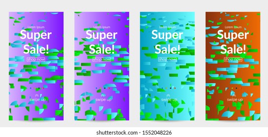 Abstract stories templates with small bright paper pieces on gradient background. Dynamic modern design with glitch gradient lines. Simple colorful futuristic elements.