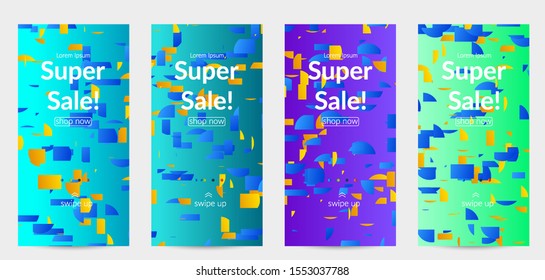 Abstract stories templates with small bright paper pieces on gradient background. Dynamic modern design with glitch gradient lines. Simple colorful futuristic elements.