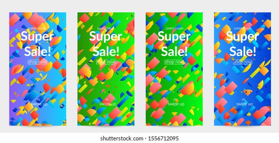 Abstract stories templates with small bright paper pieces on gradient background. Dynamic modern design with glitch gradient lines. Simple colorful futuristic elements.