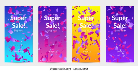 Abstract stories templates with small bright paper pieces on gradient background. Dynamic modern design with glitch gradient lines. Simple colorful futuristic elements.