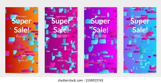 Abstract stories templates with small bright paper pieces on gradient background. Dynamic modern design with glitch gradient lines. Simple colorful futuristic elements.
