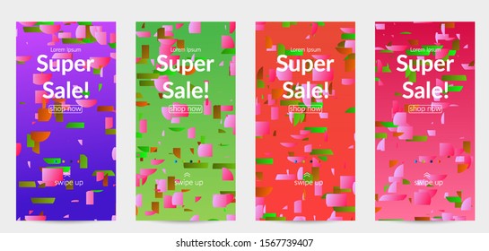 Abstract stories templates with small bright paper pieces on gradient background. Dynamic modern design with glitch gradient lines. Simple colorful futuristic elements.