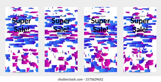 Abstract stories templates with small bright paper pieces on white background. Dynamic modern design with glitch gradient lines. Simple colorful futuristic elements.
