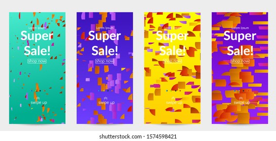 Abstract stories templates with small bright paper pieces on gradient background. Dynamic modern design with glitch gradient lines. Simple colorful futuristic elements.