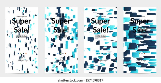 Abstract stories templates with small bright paper pieces on white background. Dynamic modern design with glitch gradient lines. Simple colorful futuristic elements.