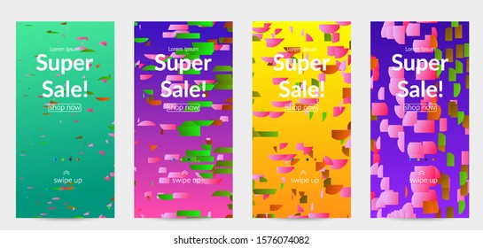 Abstract stories templates with small bright paper pieces on gradient background. Dynamic modern design with glitch gradient lines. Simple colorful futuristic elements.