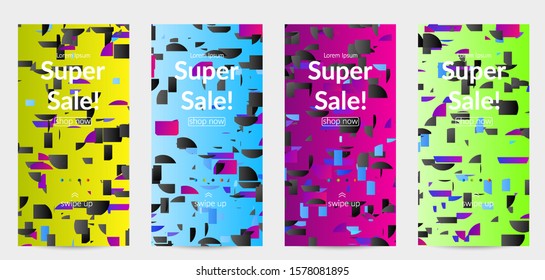 Abstract stories templates with small bright paper pieces on gradient background. Dynamic modern design with glitch gradient lines. Simple colorful futuristic elements.