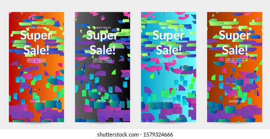 Abstract stories templates with small bright paper pieces on gradient background. Dynamic modern design with glitch gradient lines. Simple colorful futuristic elements.