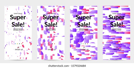 Abstract stories templates with small bright paper pieces on white background. Dynamic modern design with glitch gradient lines. Simple colorful futuristic elements.