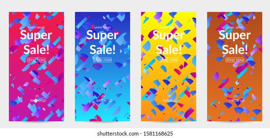Abstract stories templates with small bright paper pieces on gradient background. Dynamic modern design with glitch gradient lines. Simple colorful futuristic elements.